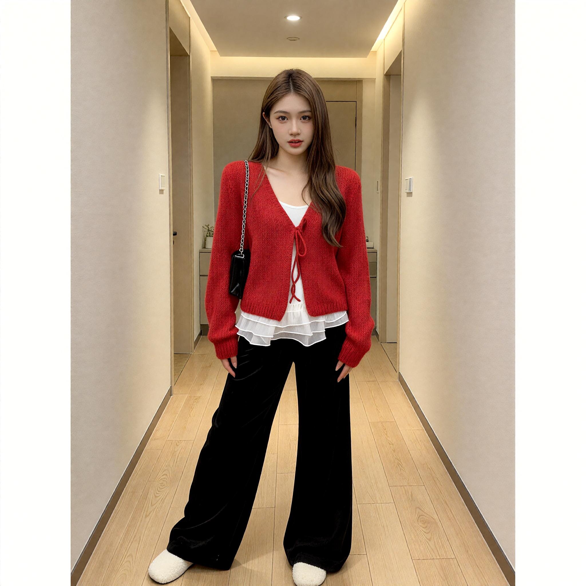 韩系V领圣诞红针织开衫系带上衣花边吊带背心叠穿两件套减龄套装