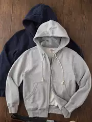Heavyweight American-Style Amekaji Pure Cotton Gray Fleece-Lined Thickened Hooded Sweatshirt Jacket for Men, Autumn Cardigan Men's Hoodie