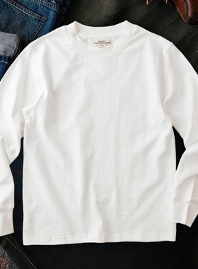 阿美咔叽重磅美式春秋圆领纯色白色长袖t恤男纯棉竹节棉打底衫男