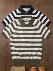 American Retro Summer Amekaji Pure Cotton Old Money Style Striped Polo Shirt Knitted Men's Short-Sleeve T-Shirt