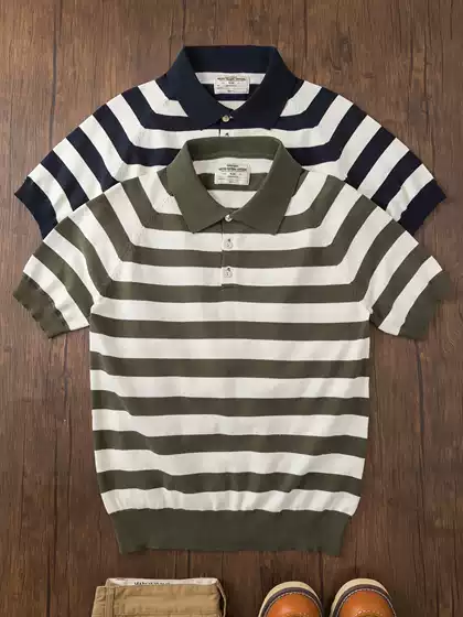 American Retro Summer Amekaji Pure Cotton Old Money Style Striped Polo Shirt Knitted Men's Short-Sleeve T-Shirt