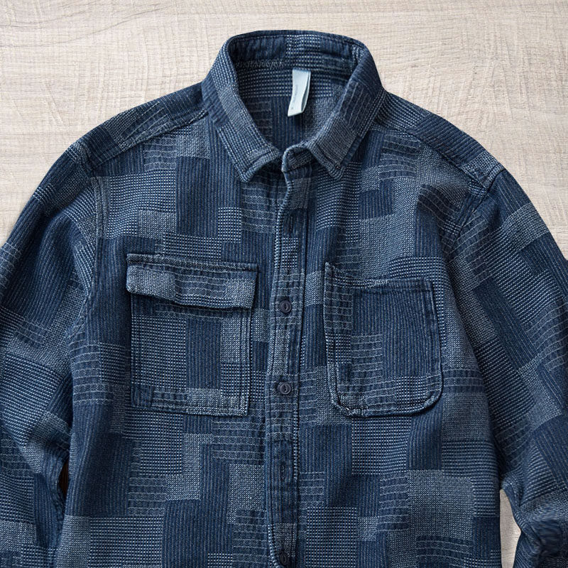 重磅日系复古阿美咔叽牛仔衬衫男长袖宽松拼接提花百家布衬衣外套,男装,衬衫,淘宝优惠券,粉丝福利购,淘宝优惠卷