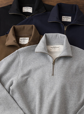 重磅美式复古灰色套头纯棉加厚半拉链卫衣男阿美咔叽纯色立领外套