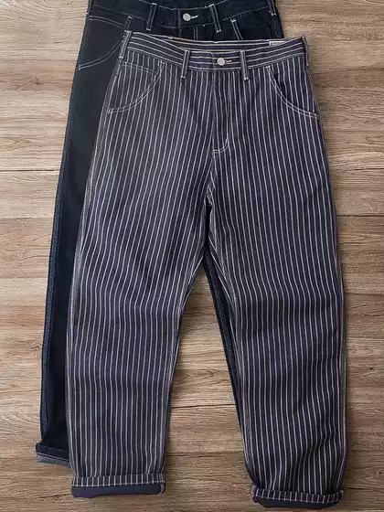 Ameikaji American Retro Railroad Worker Pants Men's Washed Workwear Striped Jeans Men's Straight-Leg Spring and Autumn