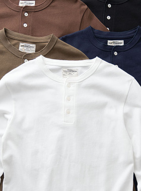 阿美咔叽重磅t恤男亨利衫美式复古纯棉白色打底衫亨利领长袖t恤男