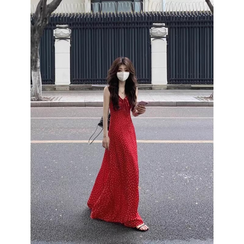【肩带可调节】碎花红色连衣裙女夏季辣妹A字吊带度假风海边长裙