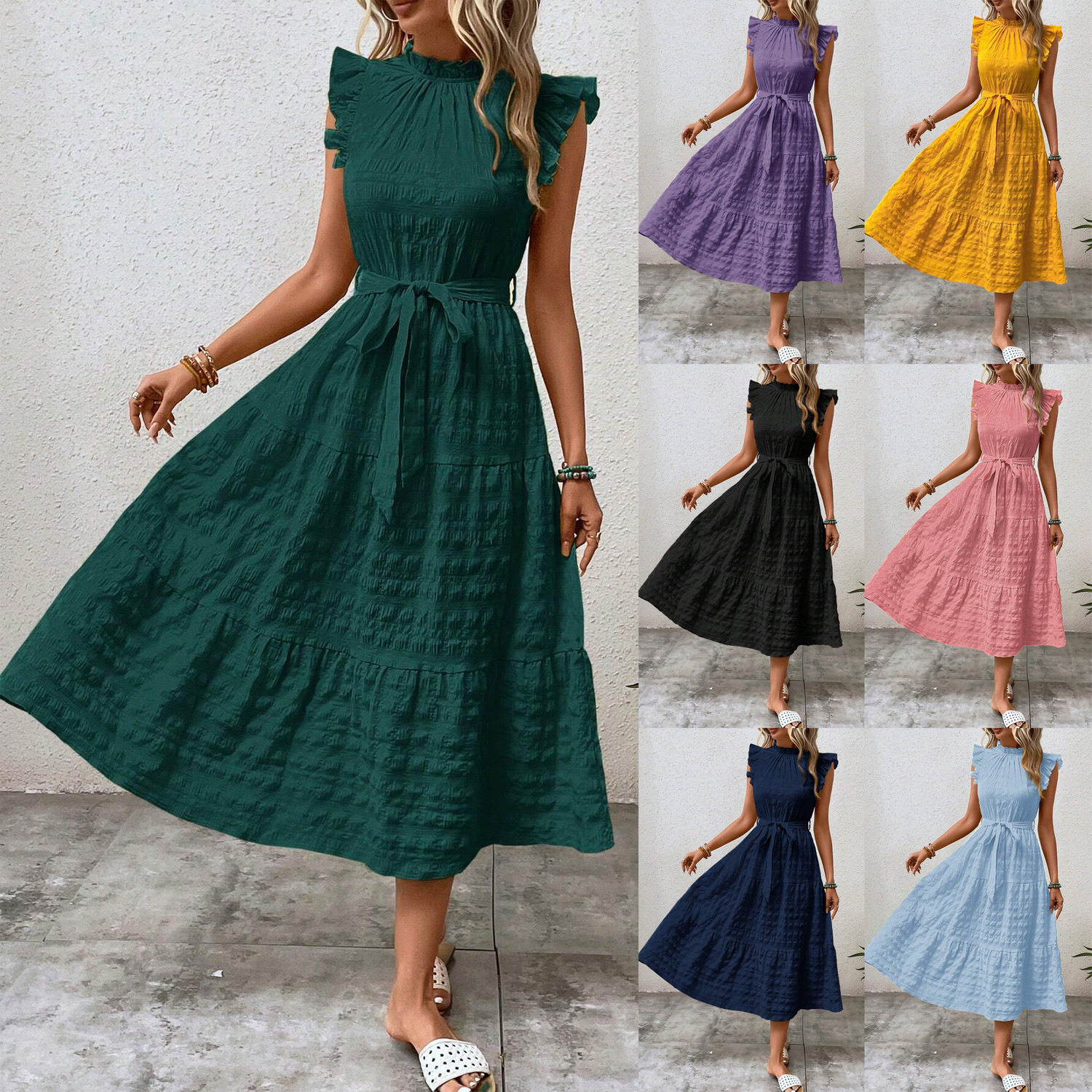 2024跨境欧美女装亚马逊外贸裙子波西米亚无袖系带大摆裙连衣裙女