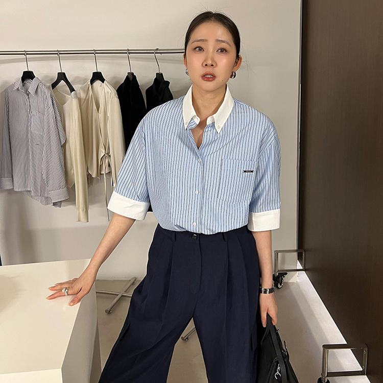 widelia陈姬儿韩系小众翻领撞色条纹衬衫女百搭通勤短袖衬衣7136