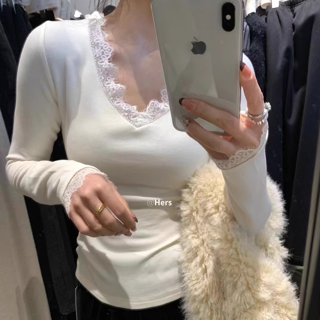 V领冬季蕾丝花边修身显瘦韩版