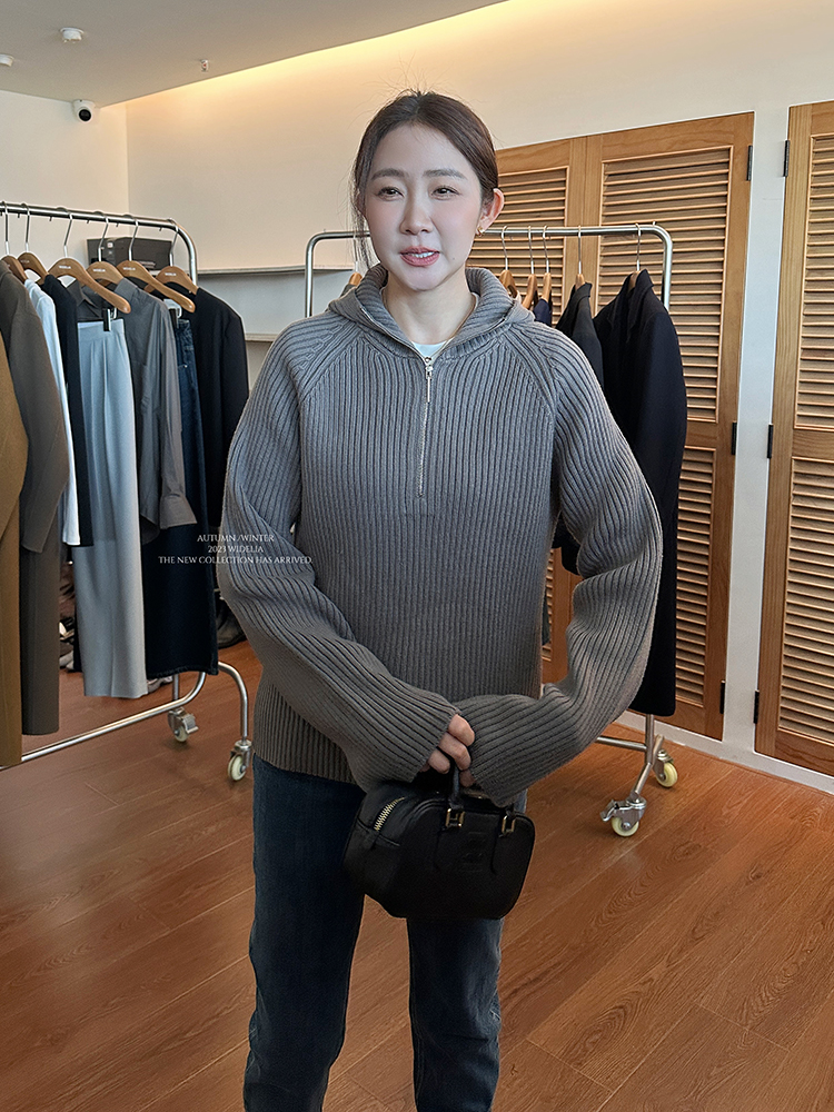 widelia陈姬儿冬季韩版打底连帽针织衫毛衣女半拉链套头上衣18523
