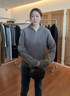 widelia陈姬儿冬季韩版打底连帽针织衫毛衣女半拉链套头上衣18523