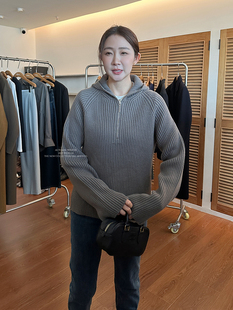 widelia陈姬儿冬季韩版打底连帽针织衫毛衣女半拉链套头上衣18523