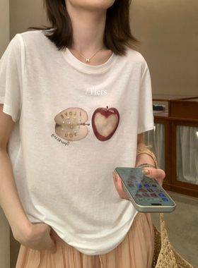 hers 一勺甜 夏季韩系ins风苹果印花短袖T恤日常圆领上衣80665