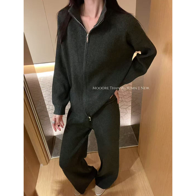 2025秋冬韩系立领拉链毛衣开衫外套针织阔腿裤两件套休闲套装2299