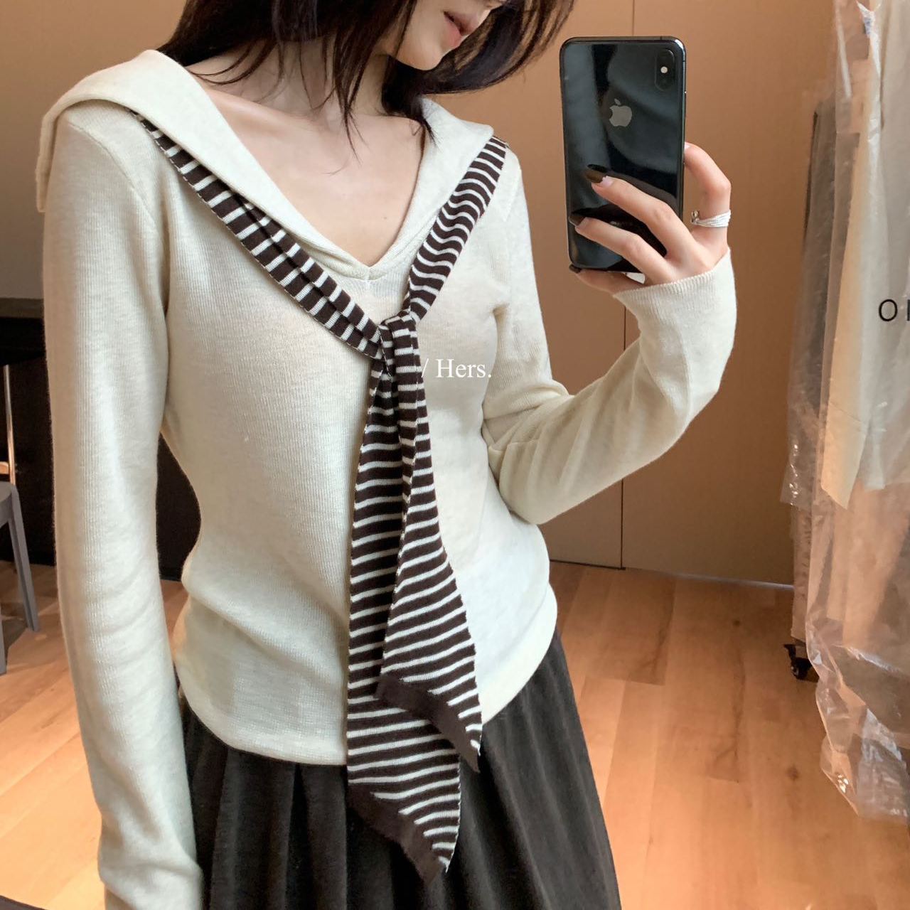hers 一勺甜秋季海军领条纹披肩修身显瘦针织衫百搭显瘦上衣92401
