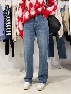 widelia陈姬儿磨毛高腰显瘦须边牛仔裤阔腿开叉拖地长裤8139