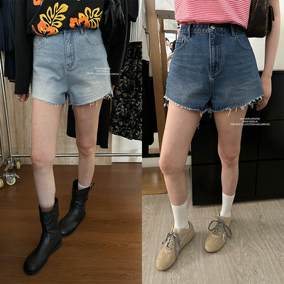 WAIT MORE夏季宽松显瘦百搭阔腿a字高腰毛边牛仔短裤女0125