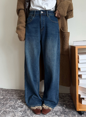 OLENA 2025冬季新款四面弹加绒牛仔裤高腰显瘦窄版阔腿裤长裤5659