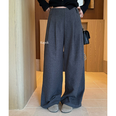Kapok 冬季韩系简约灰色加厚毛呢休闲裤宽松显瘦阔腿西裤35010