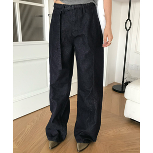 WAITMORE  秋冬新款复古高腰绑带牛仔裤显瘦直筒裤时尚长裤6925