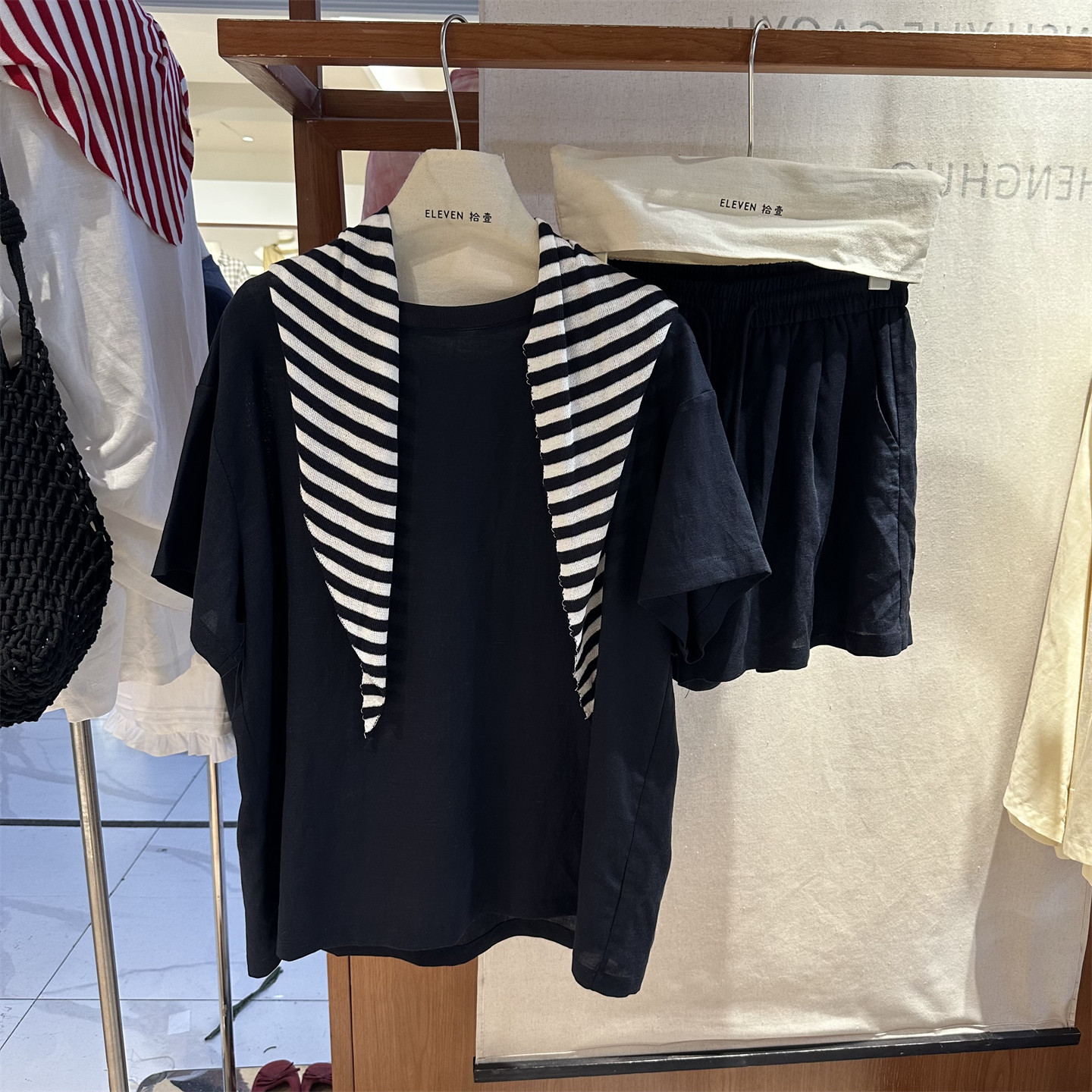 夏季韩系舒适莱赛尔亚麻慵懒风条纹披肩短袖T恤短裤三件套装65289图片