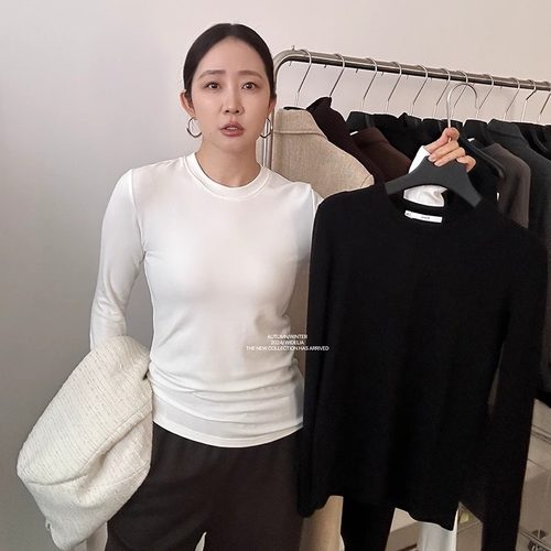 widelia陈姬儿秋冬圆领内搭磨毛加绒打底衫女修身T恤长袖上衣9133