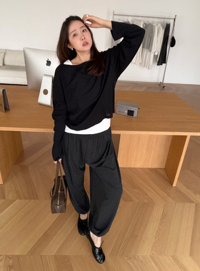 widelia陈姬儿夏季黑色薄款长袖T恤+深灰色束脚休闲裤套装7178