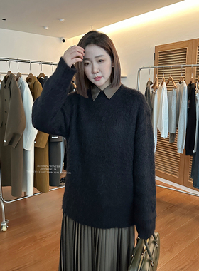 widelia陈姬儿秋冬韩版马海毛黑色毛衣女保暖舒适慵懒风上衣17123