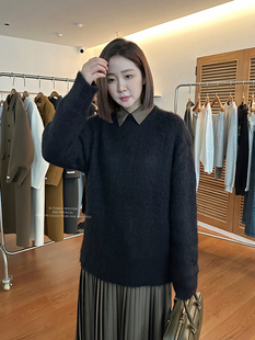 widelia陈姬儿秋冬韩版马海毛黑色毛衣女保暖舒适慵懒风上衣17123