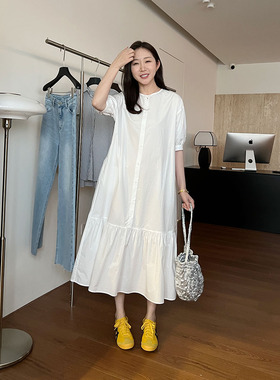 widelia陈姬儿夏季韩版设计感白色衬衫裙宽松长款衬衣连衣裙7222