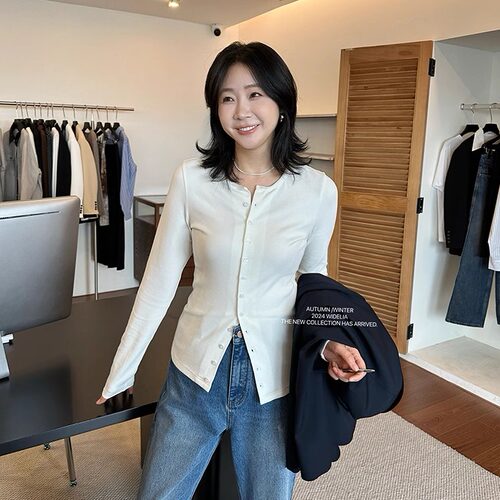 widelia陈姬儿春季长袖打底衫上衣修身收腰显瘦针织开衫外套9001