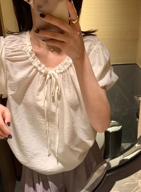 hers一勺甜夏季韩系V领抽绳褶皱氛围感纯色质感温柔小衫女20620