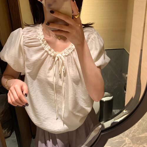 hers一勺甜夏季韩系V领抽绳褶皱氛围感纯色质感温柔小衫女20620