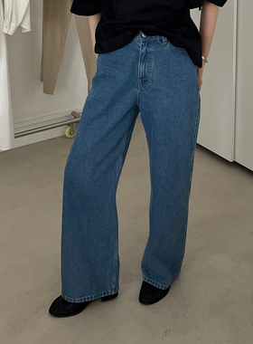widelia陈姬儿夏季新款深蓝色牛仔裤高腰显瘦阔腿直筒裤Z1925