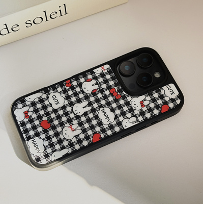 ins可爱黑白格米菲兔黑框磨砂磁吸手机壳适用苹果iPhone16promax手机壳17pro玻璃手机壳14pro全包少女心甜美