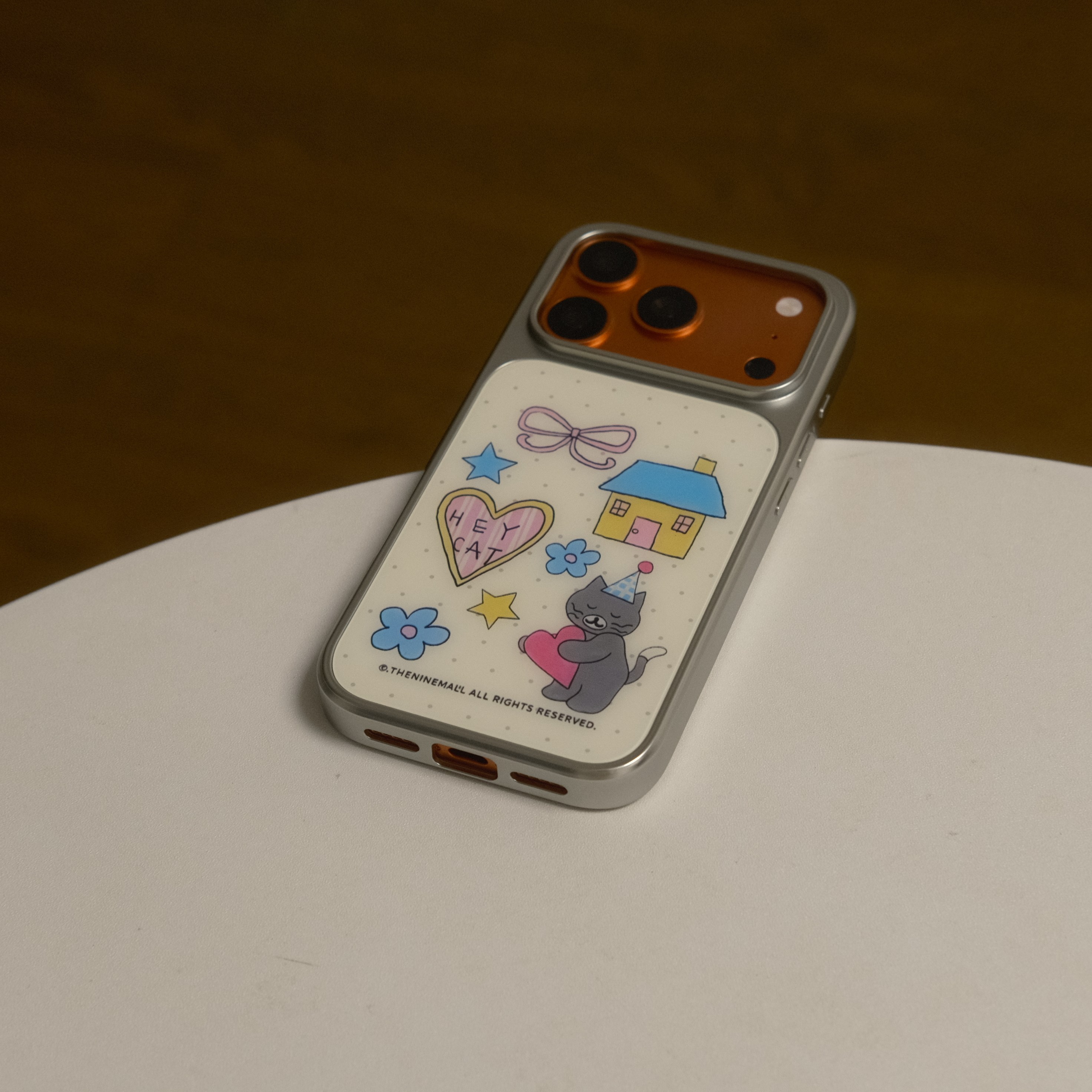 韩国theninemall爱心猫咪银框磨砂玻璃磁吸手机壳苹果iPhone17promax手机壳18pro黑框软边15手机壳14pro