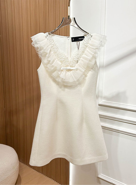 2025冬新款名媛风优雅V领蝴蝶结蕾丝拼接花边无袖连衣裙XRJ7L08D