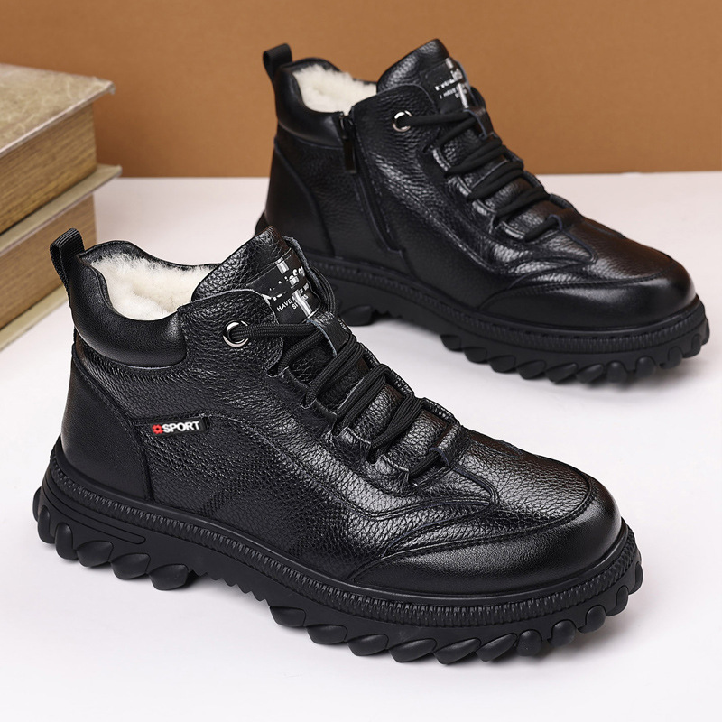 羊毛棉鞋男士冬季头层牛皮棉鞋加绒加厚保暖防滑耐磨高帮休闲