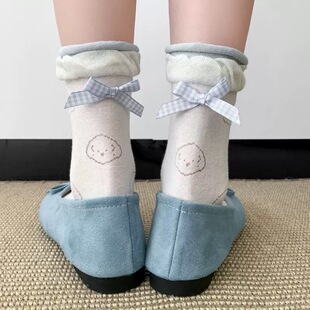 一次性蝴蝶结堆堆中筒子袜女春秋款薄款小狗韩系ins风双层花边袜