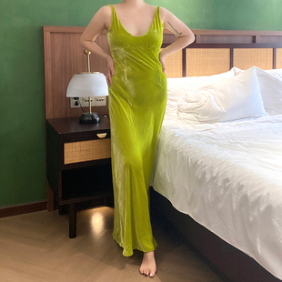 FL/新真丝绒 天鹅绒圆领露背斜裁不规则背心无袖连衣裙 礼服裙