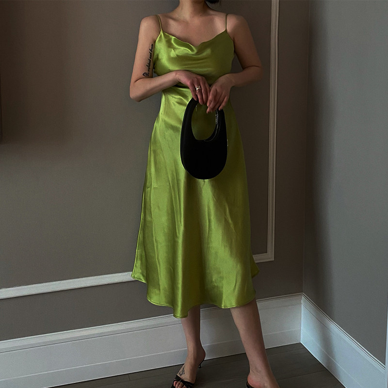 FL/新缎面真丝 桑蚕丝牛油果绿荡领法式斜裁吊带连衣裙 slipdress