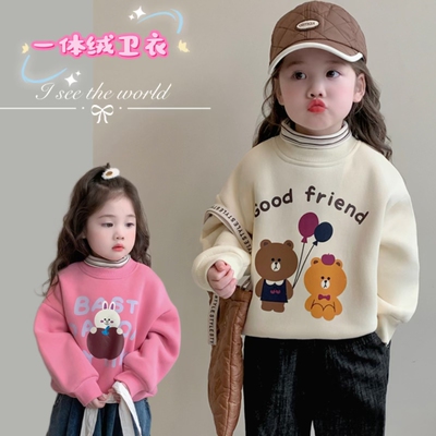 女童加绒卫衣2025秋冬装新款洋气儿童加厚打底衫一体绒半高领上衣