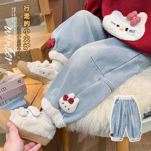 女童一体绒裤子2025冬装新款儿童加厚羊驼绒牛仔裤宝宝冬季休闲裤