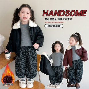 女童皮外套秋冬款洋气中长款加绒皮大衣女宝宝娃娃领大衣加厚冬装