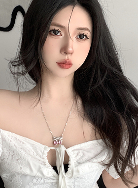 甜美气质蝴蝶结粉钻樱桃项链女