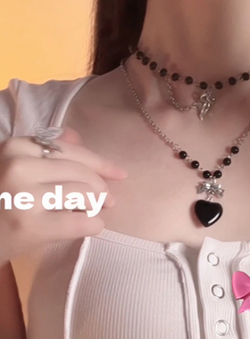 黑色珠子爱心叠戴项链锁骨链女