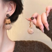 小猫与鱼 7柒SEVEN 可爱木质耳环女秋冬复古小众设计耳钉耳坠