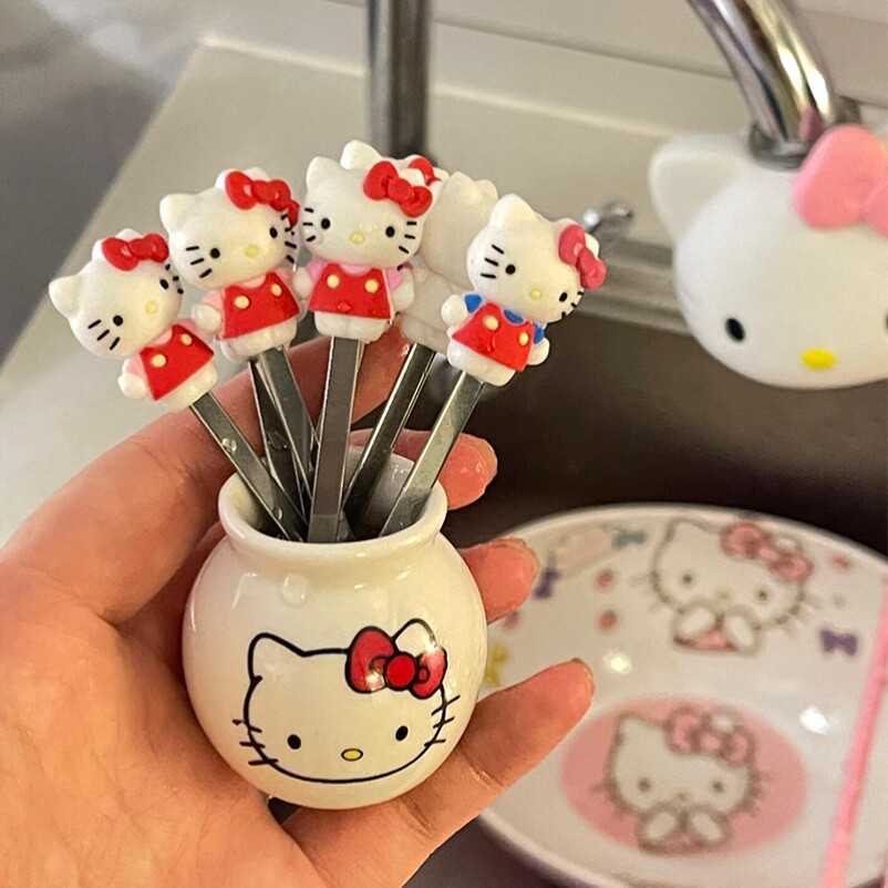 水果叉可爱hellokitty不锈钢叉子带收纳罐高级感水果签kt猫甜品叉