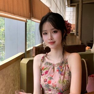 章蜜糖 明媚女孩 莫奈的花园少女温柔度假不规则仙女吊带连衣裙