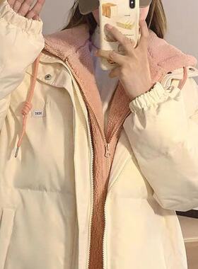冬季假两件棉服外套女2024新款设计感宽松连帽加厚保暖面包服棉衣
